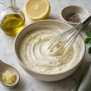Creamy garlic yogurt sauce whisked with lemon juice and olive oil