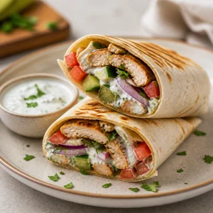 Finished chicken shawarma wraps served with extra garlic yogurt sauce