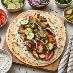 Open chicken shawarma wrap layered with yogurt sauce, vegetables, and parsley