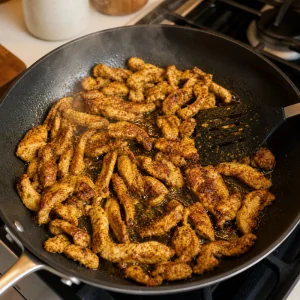 Spiced chicken shawarma strips browning in a skillet on the stovetop