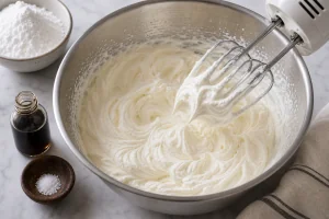 Cold cream whipped with powdered sugar, vanilla, and salt to soft peaks