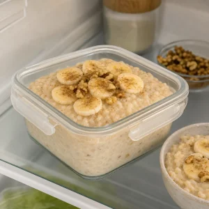Banana rice pudding stored in a clear airtight container