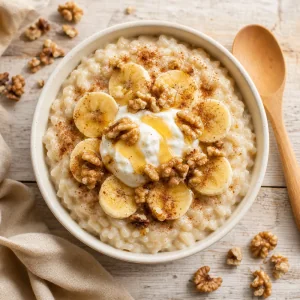 Banana rice pudding topped with walnuts, yogurt, honey, and cinnamon