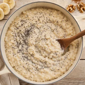 Chia seeds stirred through creamy banana rice pudding