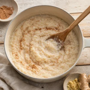Creamy rice pudding stirred with cinnamon