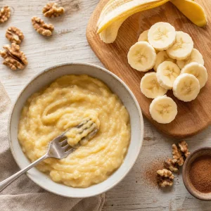 Mashed banana with fresh banana slices