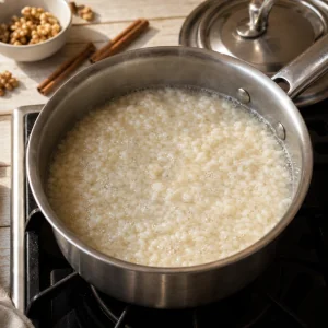 Rice gently simmering in a saucepan
