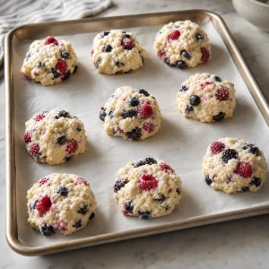 Osiem porcji surowego ciasta na scones z owocami ułożonych na papierze
