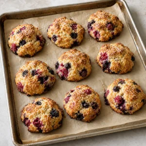 Złote upieczone scones z owocami jagodowymi na blasze