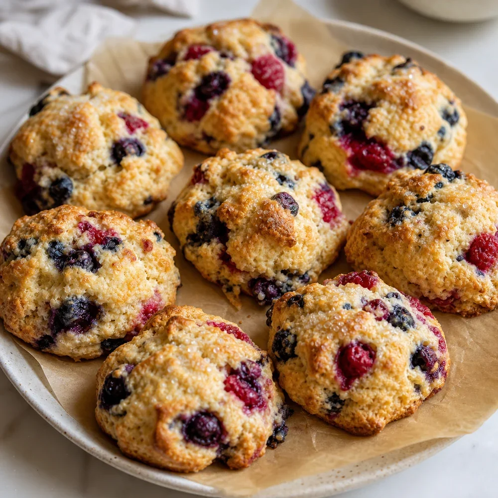 Złote scones z owocami jagodowymi posypane grubym cukrem