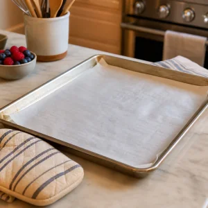 Blacha wyłożona papierem do pieczenia gotowa na ciasto na scones