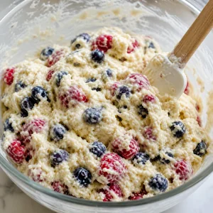 Gęste, nierówne ciasto na scones z owocami mieszane szpatułką