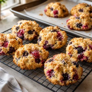 Ciepłe scones z owocami jagodowymi stygnące na kratce