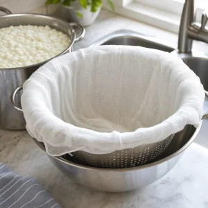 Cheesecloth lined colander set over a bowl ready for straining curds