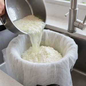 Curds and whey poured into cheesecloth to catch the fresh cheese curds