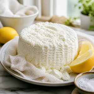 Fresh homemade farmers cheese on cheesecloth with lemon wedges and sea salt