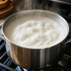 Milk foaming and rising gently in the pot as it reaches a boil