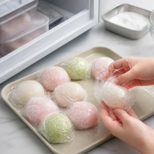 Finished mochi ice cream balls wrapped in plastic and returned to the freezer.