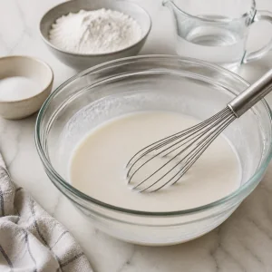 Glutinous rice flour, sugar, and water whisked into smooth mochi batter.