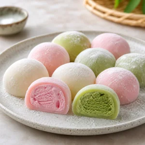 Homemade mochi ice cream balls with pastel sweet rice dough and cut ice cream centers.