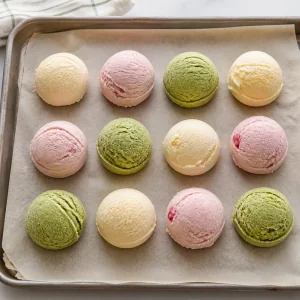 Ice cream scoops arranged on parchment before freezing.