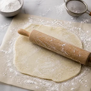 Mochi dough rolled into a thin sheet with a cornstarch-dusted rolling pin.