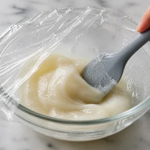 Partly cooked mochi dough stirred under loose plastic wrap with a wet spatula.