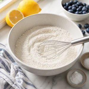 Miscela di farina mescolata in una ciotola con limoni