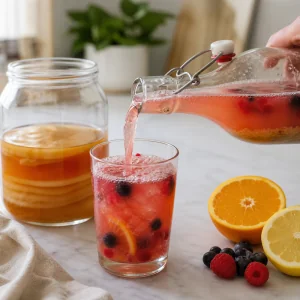 Gekuehlter Citrus-Beeren-Kombucha wird vorsichtig eingeschenkt, SCOBY-Starter steht bereit