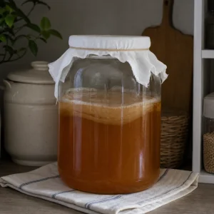 Abgedecktes Glasgefaess mit Kombucha fermentiert ohne direkte Sonne