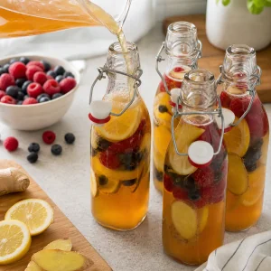 Kombucha wird mit Zitronenscheiben, Beeren und Ingwer zum Aromatisieren abgefuellt