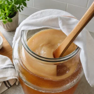 SCOBY schwimmt auf abgekuehltem suessem Tee fuer hausgemachten Kombucha