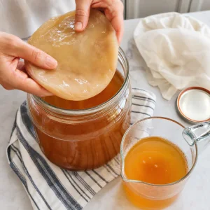 SCOBY wird aus fermentiertem Kombucha genommen, Startertee ist reserviert