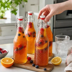Verschlossene Citrus-Beeren-Kombucha-Flaschen karbonisieren bei Raumtemperatur