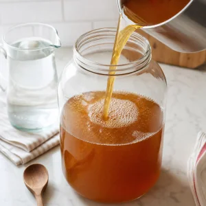 Suesser Tee wird mit kuehlem gefiltertem Wasser in ein Glasgefaess gegossen