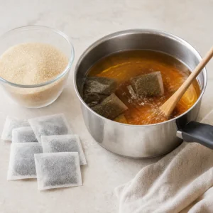 Teebeutel ziehen mit Zucker fuer zuckerarmen hausgemachten Kombucha