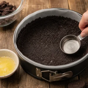 Chocolate cookie crust pressed into a springform pan