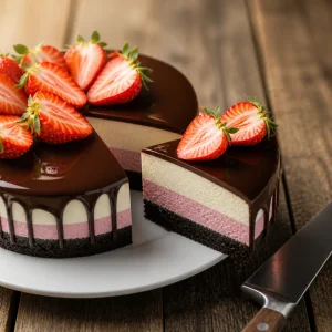 Clean slice of layered chocolate strawberry ice cream cake