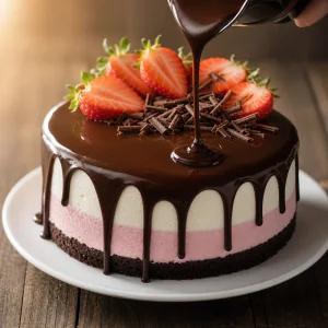 Ganache poured over a frozen strawberry vanilla ice cream cake