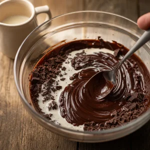 Glossy chocolate ganache stirred in a glass bowl