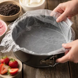 Springform pan lined with overhanging plastic wrap