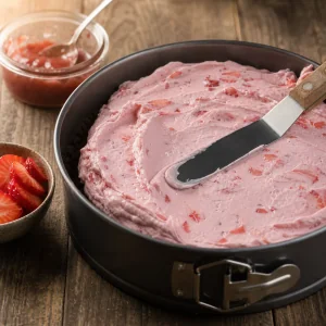 Strawberry ice cream layer smoothed over chocolate crust