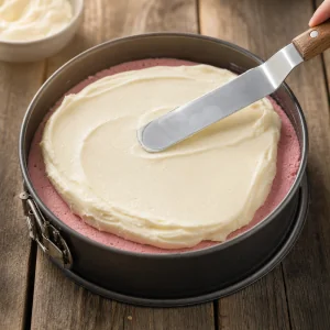 Vanilla ice cream layer spread over the strawberry layer