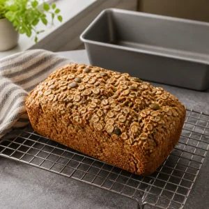 Whole Irish oat porridge bread cooling on a wire rack before slicing