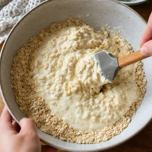 Yogurt mixture folded into rolled oats to make thick oat batter