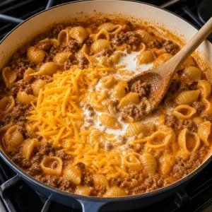 Panna e cheddar grattugiato che si sciolgono nelle conchiglie con carne