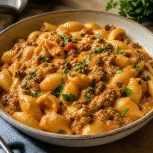 Creamy cheesy shell pasta with ground beef and parsley