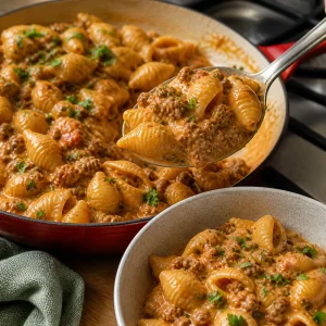 Conchiglie con carne e formaggio servite calde con prezzemolo