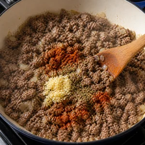 Aglio, erbe italiane e paprika affumicata aggiunti alla carne rosolata
