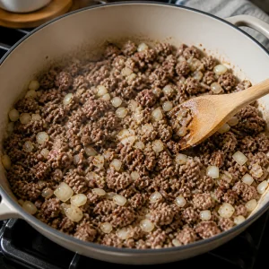 Carne macinata e cipolla a dadini che rosolano in padella